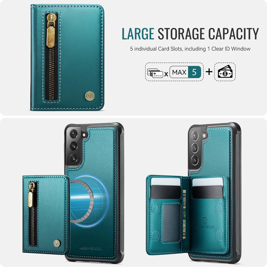 For Samsung Galaxy S21 5G Case JEEHOOD J12 Magnetic Detachable Zipper Wallet Kickstand Leather Back Cover Magnetic Case