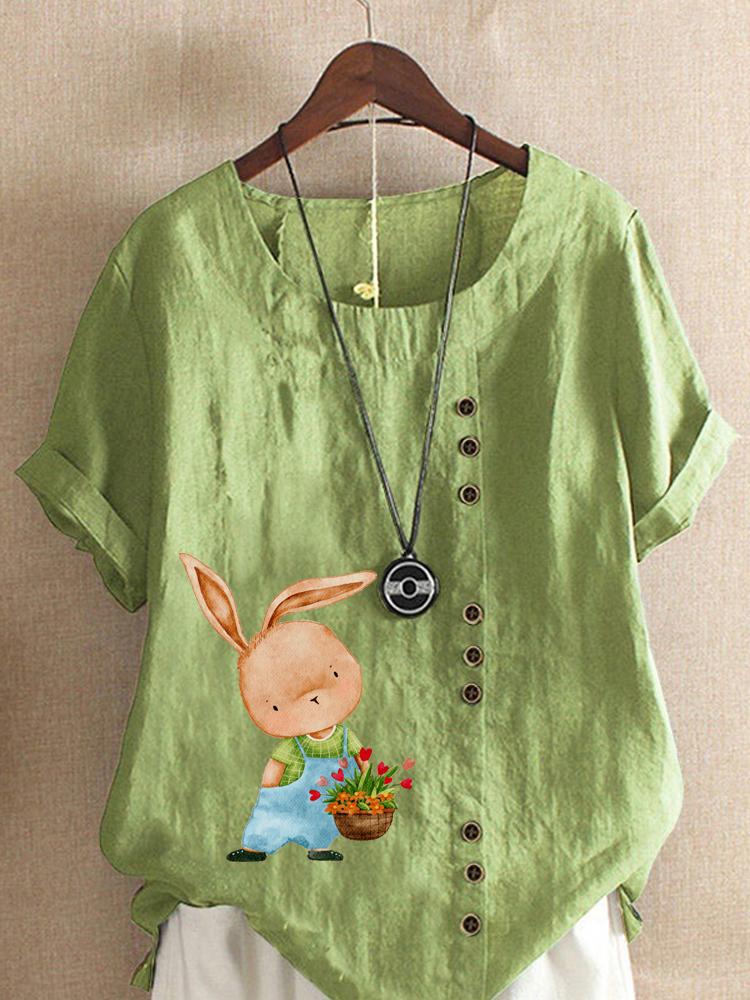 

Women s Fashion Rabbit Floral Print Round Neck Short Sleeve T-shirt Summer Casual Cotton Linen Graphic Shirt Leisure Loose Blouse Tops 5XL зелений