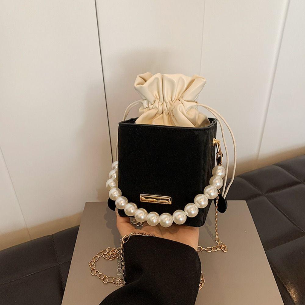 Square Drawstring Crossbody Bag Pearl Luxury Shoulder Bag Trendy Women Bucket Bag  Outdoor
