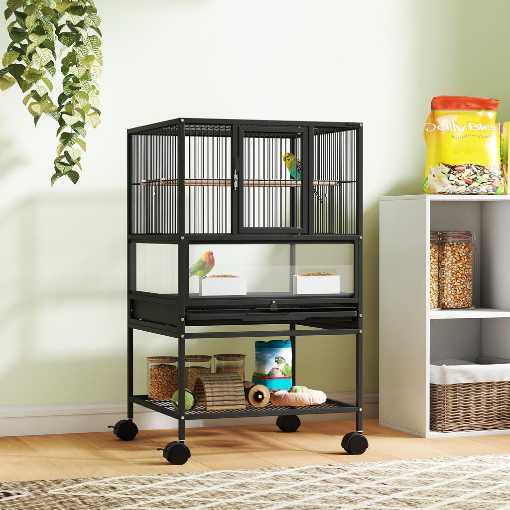Bird Cage with Bottom Shelf, Removable Tray and Grid, Steel and PP, 48x46x83 cm, Black
