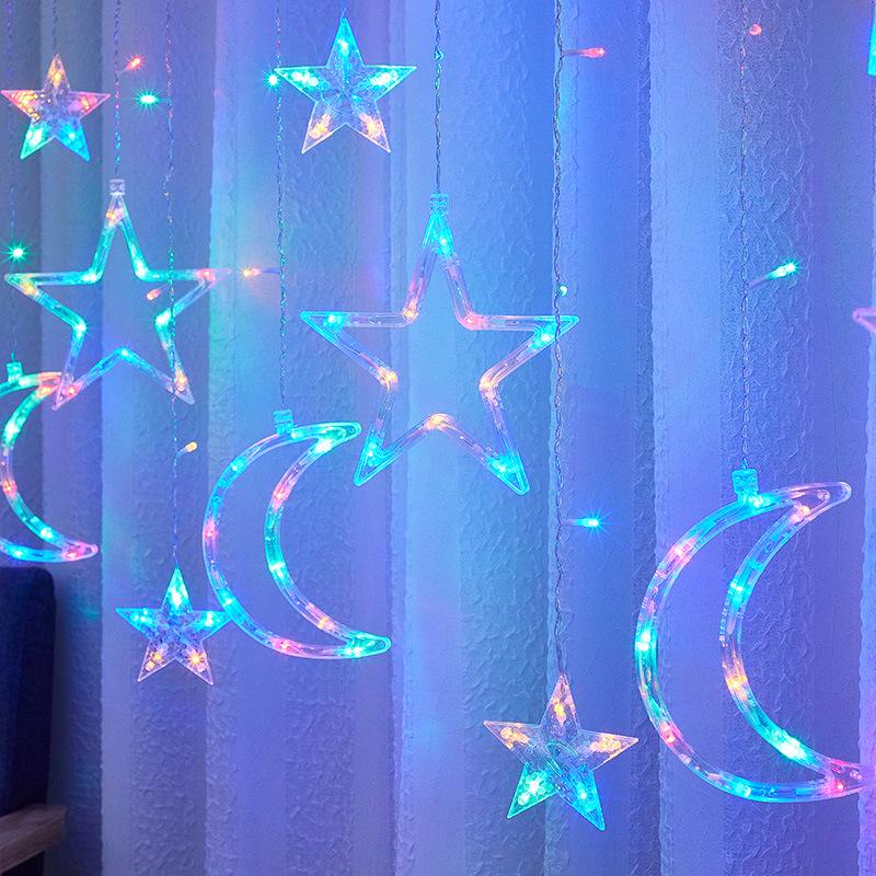 Solar LED Colorful Flashing Star & Moon Curtain Lights for Shop Windows and Outdoor Decor
