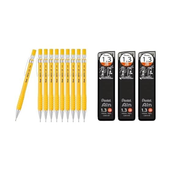 Pentel AMAIN Sharp Mechanical Pencil, 1.3mm, Yellow, 10-Pack & Pentel Ain 1.3mm 2B Lead Refills, 3-Pack