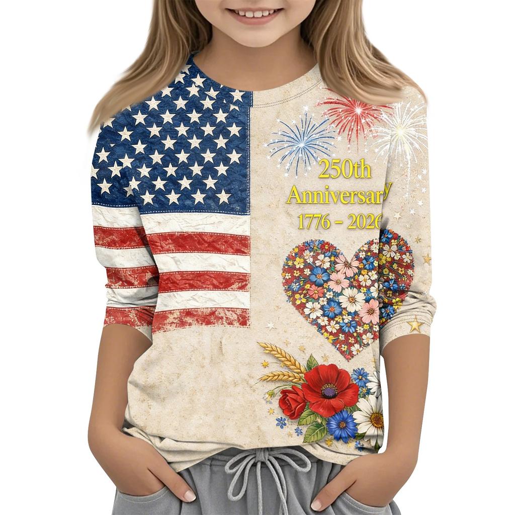 Children's Independence Day Printed Round Neck Seven Quarter Sleeve Casual T-shirt