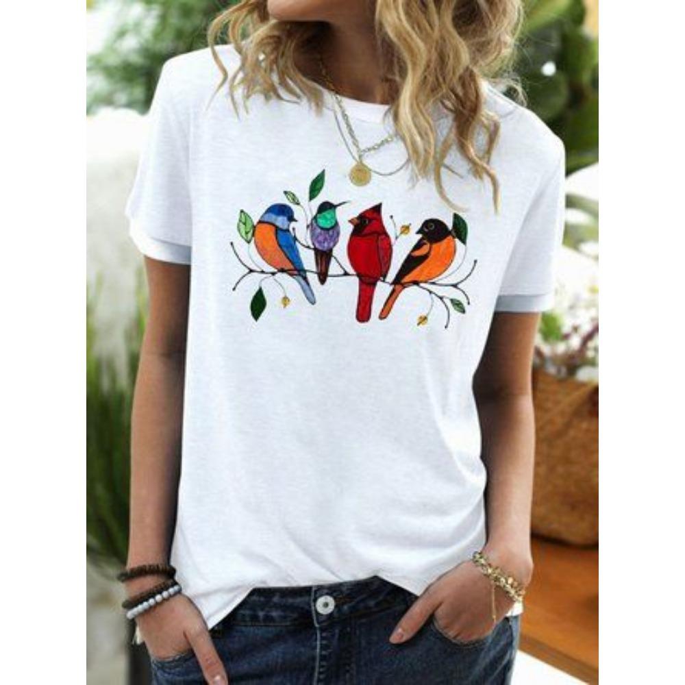 Lebendiges Vogelmotiv Rundhals Kurzarm Freizeit Baumwolle Grafik-T-Shirt mit Natur-inspiriertem Design für Vogelbeobachter