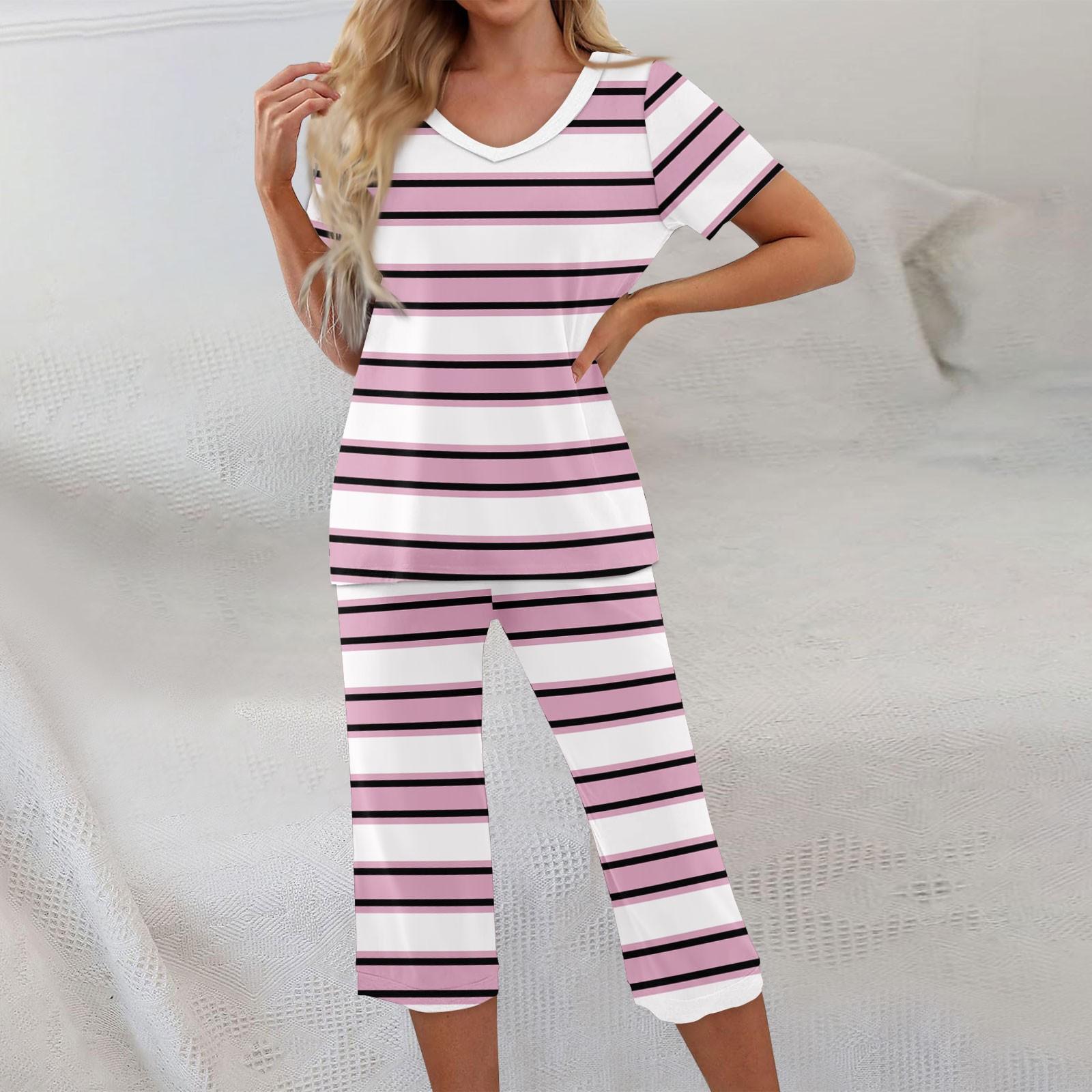 

Комплекты из 2 предметов для женщин: топ с коротким рукавом и брюки с карманами, тренировочные мягкие комплекты с принтом в полоску XXXL фиолетовый