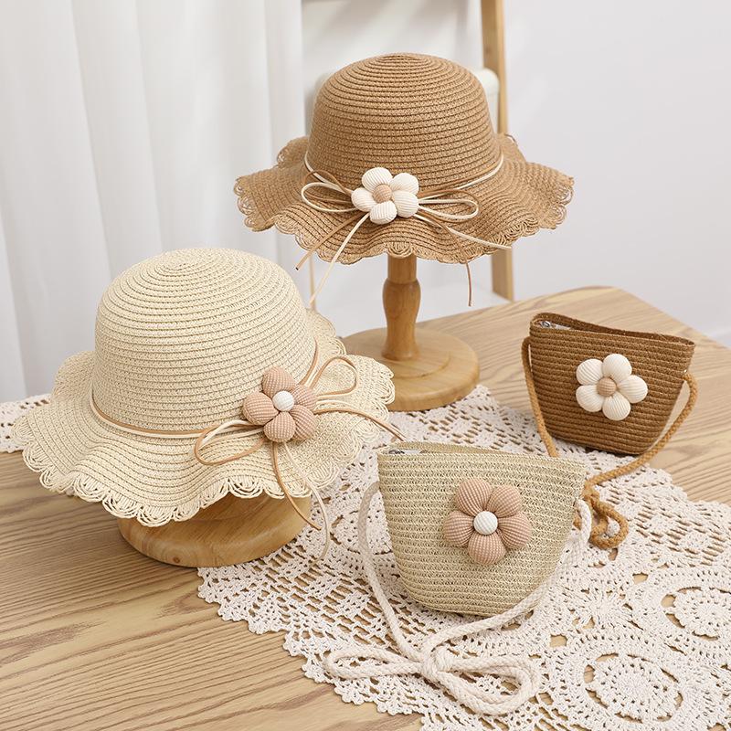 Kids Girls Flower Summer Caps Fashion Children Sunscreen Sun Hat Straw Hat Bag for Beach Baby Accessories for 2-8 Years Kids