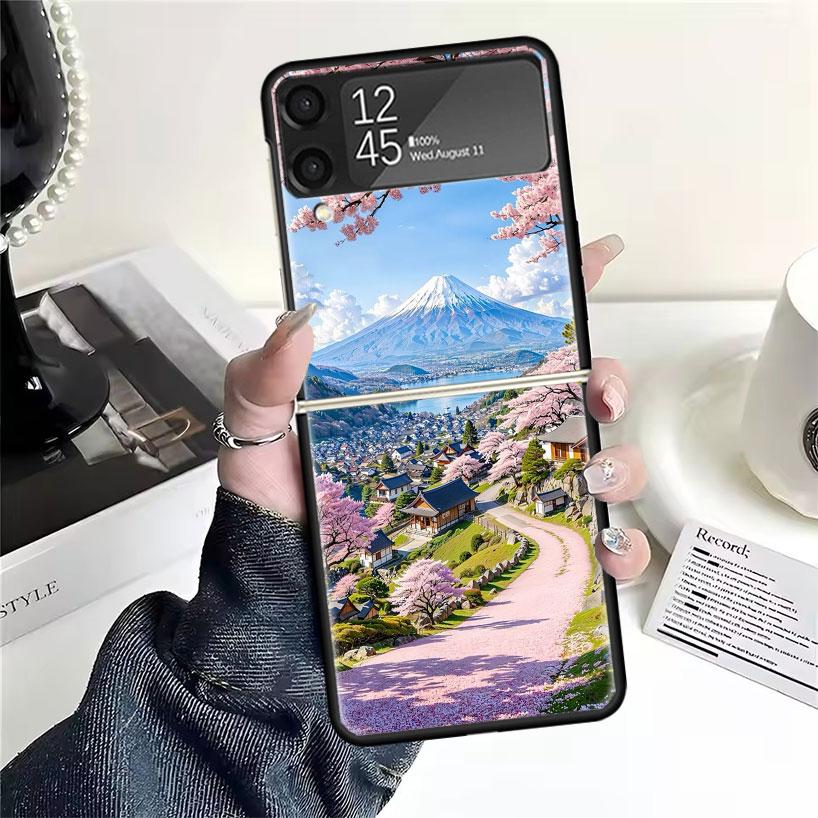 Japanese Cherry Mount Fuji Cases For Samsung Galaxy Z Flip 4 5 6 7 3 Z Flip7 Flip6 Flip4 Flip5 Flip3 5G Hard Shockproof Fundas C
