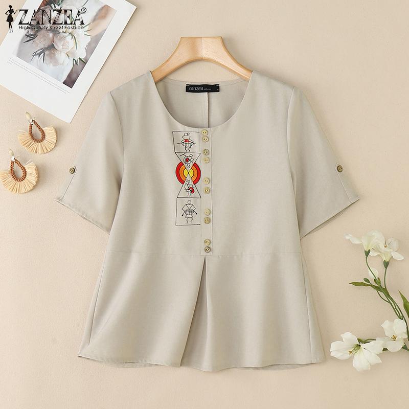 ZANZEA Women Casual Round Neck Summer Short Sleeve Print Blouse