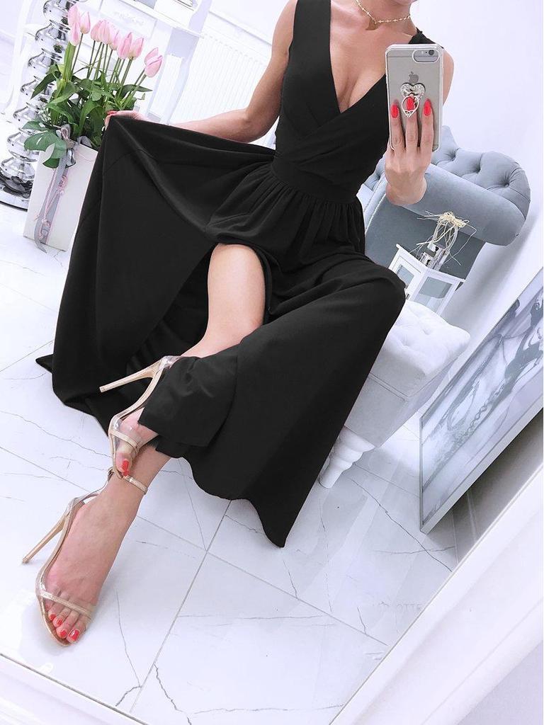 2023 Summer European & American Deep V-Neck Solid Color Maxi Evening Dress with Slit