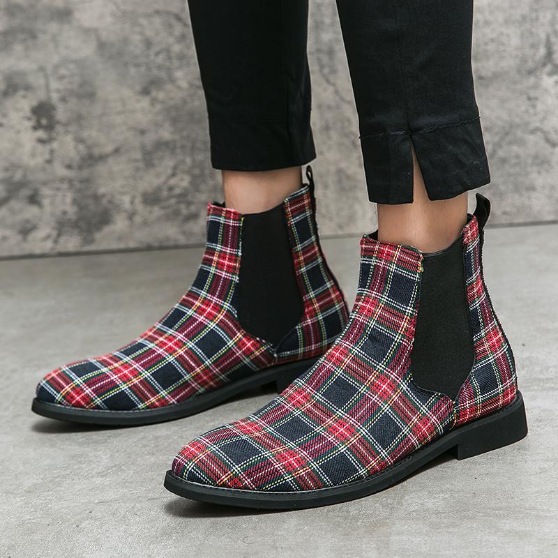 Luxury Men's Designer Plaid Ankle Canvas Chelsea Business Footwear Party Boots Casual Shoes For Men Fashion Winter Autumn 38~48