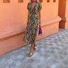 2026 Spring Women's Clothing Fashion Contrast Color Printed Long Dress Elegant Slim V-Neck Short Sleeve Dress