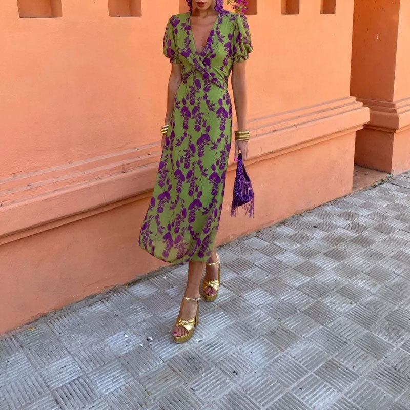 Elegant Slim Women's Long Dress V-Neck Contrasting Color Printed Short Sleeve Spring Fashion