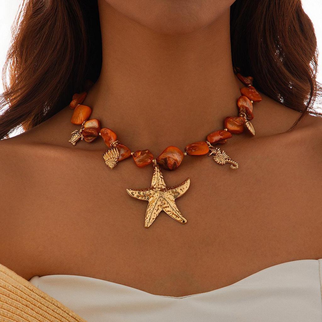 2026 European Cross-Border Starfish & Shell Alloy Necklace - Retro Summer Mermaid Design