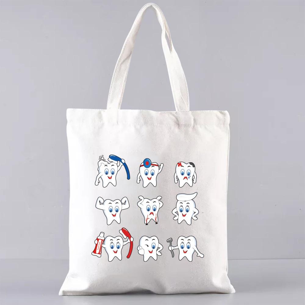 Shopping Bags for Groceries Eco Shoulder Bag  Women Handbags Shopper Reusable Large Capacity Students Books Bag Teeth Pattern