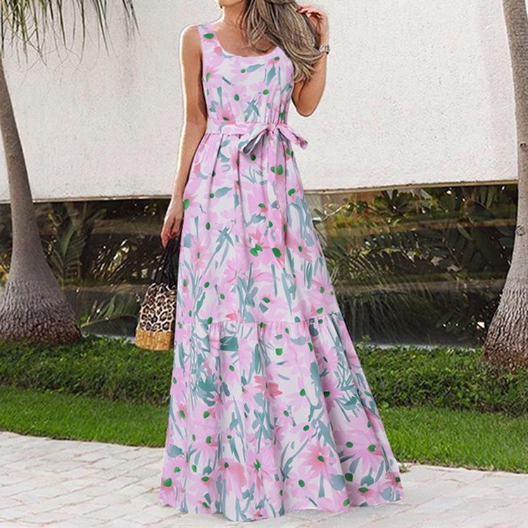 European & American Summer Print Casual Long Dress with Belt 2023