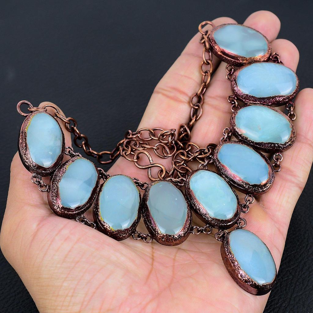 Aquamarine Necklace Gemstone Jewelry, Copper Electroformed Necklace, Adjustable Handmade Chain Necklace Gift For Wife Jewelry