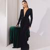 Long Sleeve Ruched Sexy Maxi Dress For Women Gown Fashion Skew Collar Draped Thigh High Split Club Long Dress
