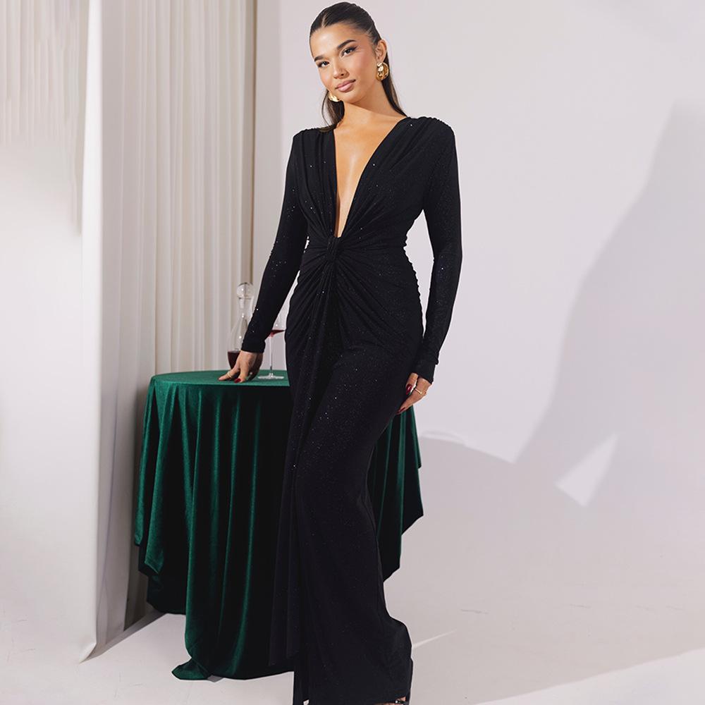 Long Sleeve Ruched Sexy Maxi Dress For Women Gown Fashion Skew Collar Draped Thigh High Split Club Long Dress