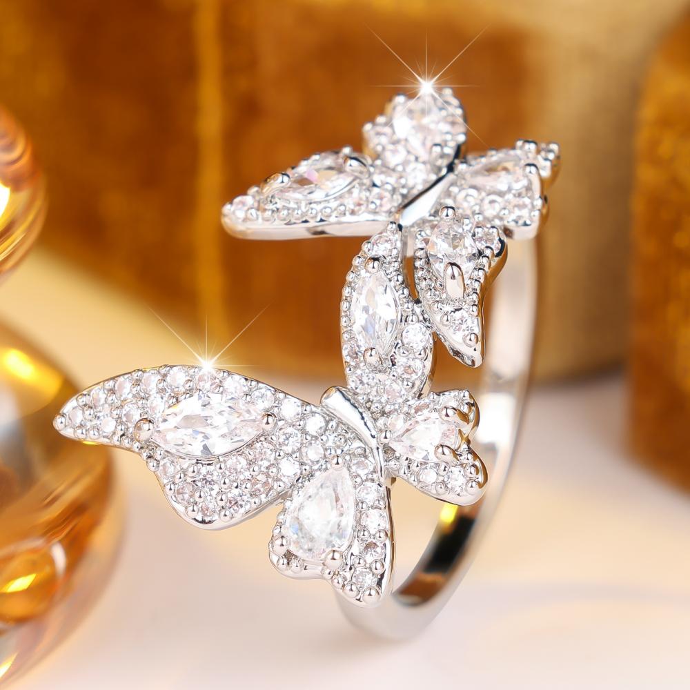 Charming Silver Color Butterfly Ring for Women Marquise Cut Zircon Wedding Banquet Fashion Jewelry Gift