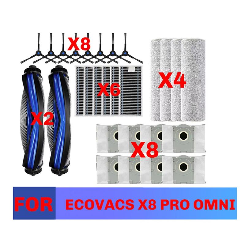 A27F-Accessories Kit For Ecovacs X8 Pro Omni Robot Vacuum Spare Parts Side Brushes Mop Cloths HEPA Filters Dust Bag