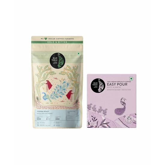 

Blue Tokai Coffee Roasters Easy Pour & Coffee Combo | Home Espresso Grind 150g | Easy Pour Drip Coffee Bags - Monsoon Malabar | Pack of 5 205GM