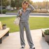 Women's Leopard Print Two-Piece Set with Zip-Up Stand Collar Top and Wide Leg Pants