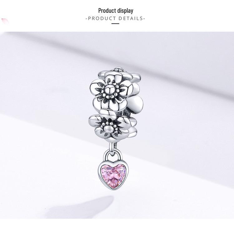 Original DIY Pink Flower S925 Silver Beaded Bracelet Jewelry Accessory SCC1485