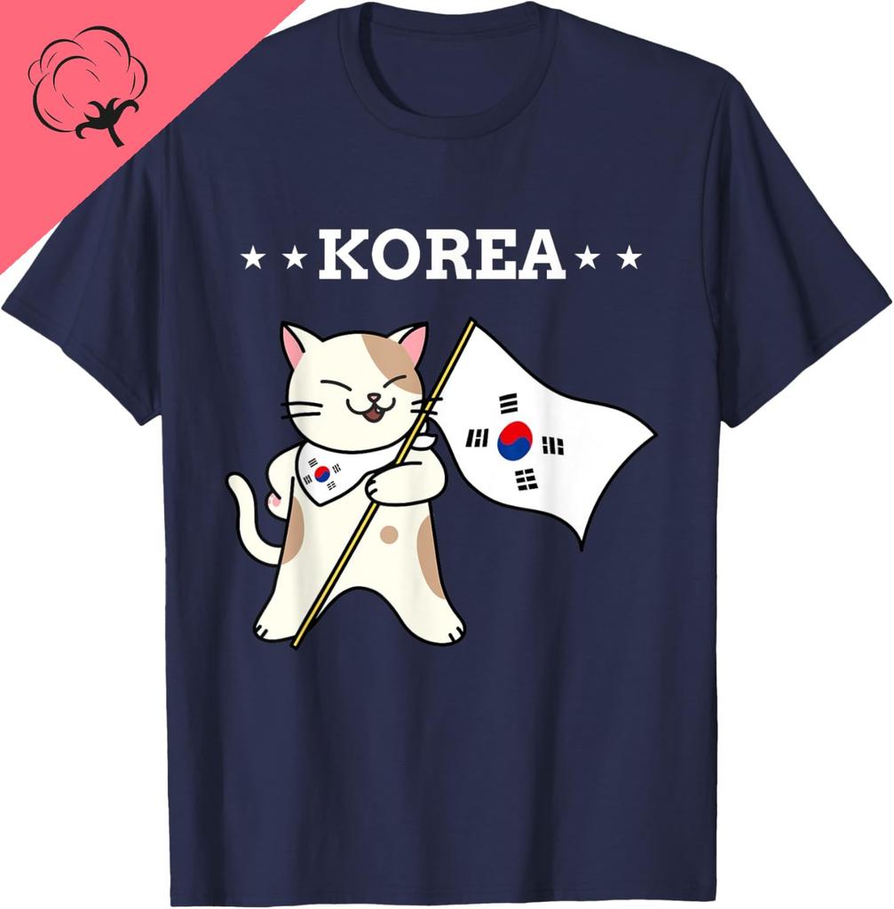 Koreanische Flagge & Katze | Südkorea T-Shirt Kundenspezifische Grafik T-Shirts Kawayi Kurzarm Lustiges Shirt Camisas Streetwear