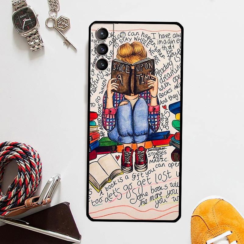 Read Books Illustration Case For Samsung Galaxy S25 Ultra S20 S21 S22 S23 Plus S24 Ultra S9 S10 S25 FE Cover Coque