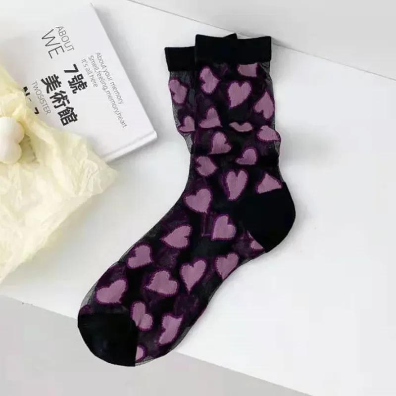 

Летние женские носки в японском стиле, милые носки из хрустального стекла и шелка с принтом сердечек, ультратонкие прозрачные носки для девочек, кавайные милые длинные носки EUR 34-39