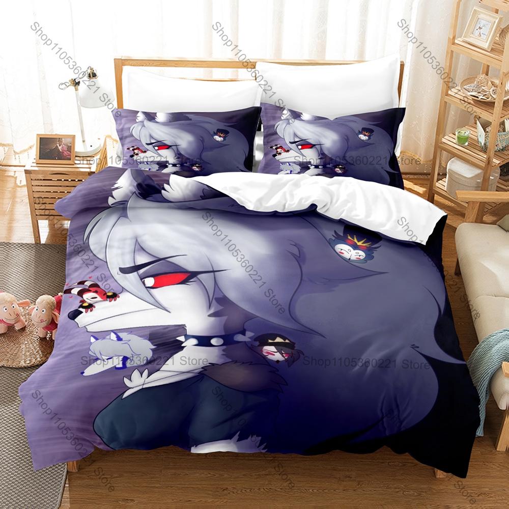 Helluva Bedding Set Duvet Cover + 2 Pillowcases Adult Dark Cartoon Imp Demon Blitzø Stolas Red Hell Neon Gothic Bedroom Decor