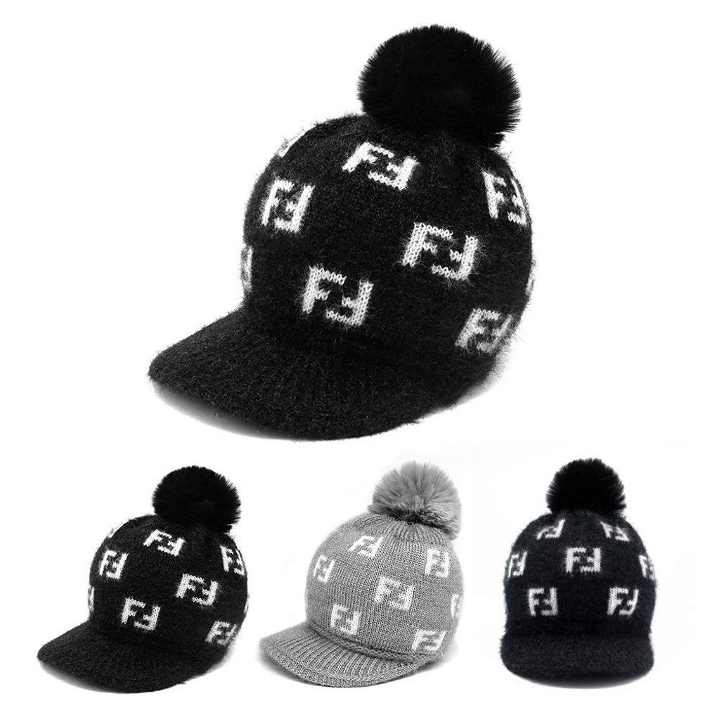 Winter Warm Fur Knit Pom Pom Double Brim Hat