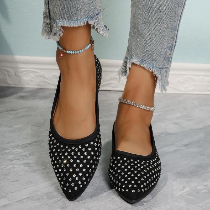 Women's Flat Shoes Autumn New Pointed Head Shallow Mouth Rhinestone Soft Sole Anti-slip Wear-resistant Single Shoes