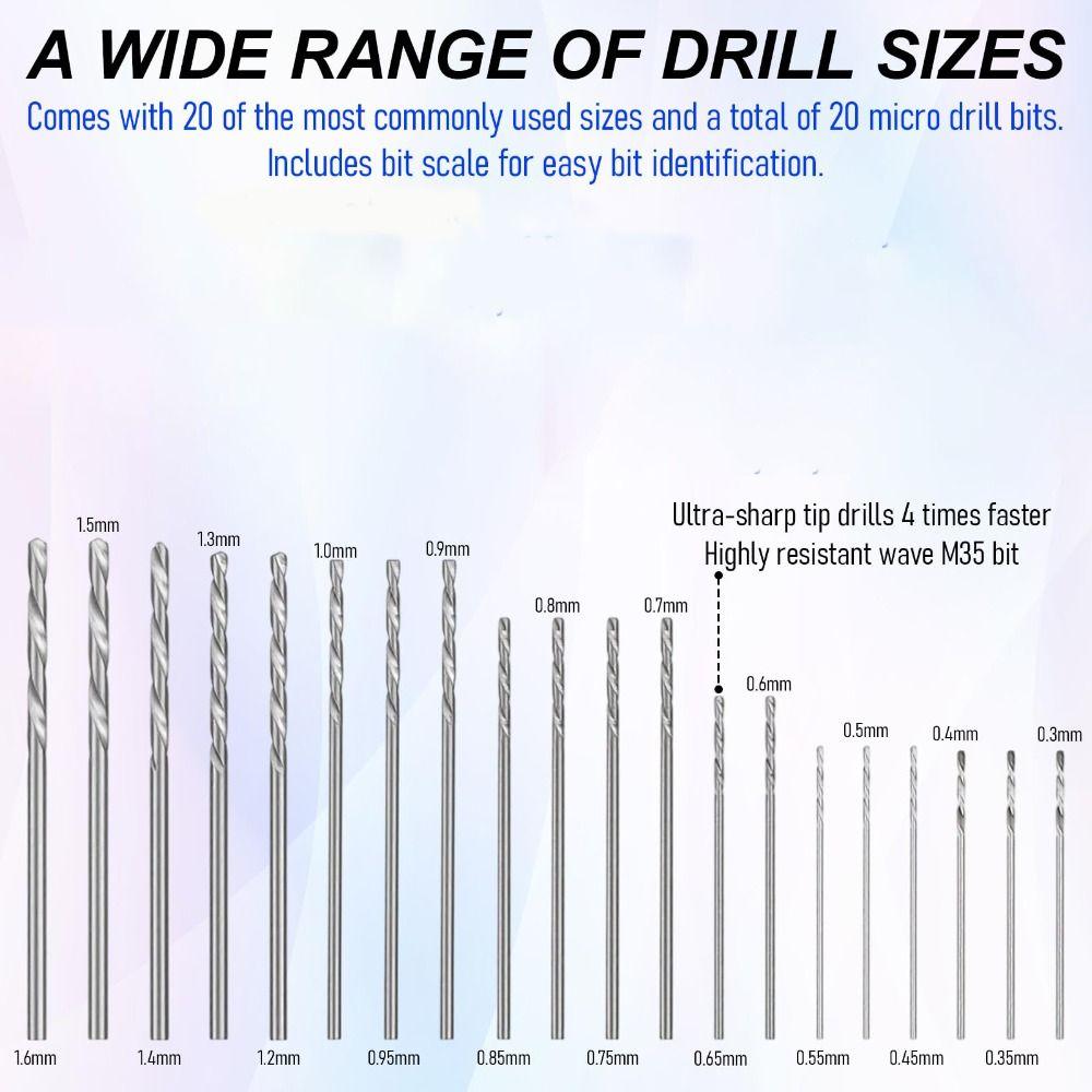 20pcs Professional 0.3-1.6mm Mini Micro Drills Small Shank Tiny Bit Size Drill Bits Set HSS Jewelry Drills Bits Jewelry Making