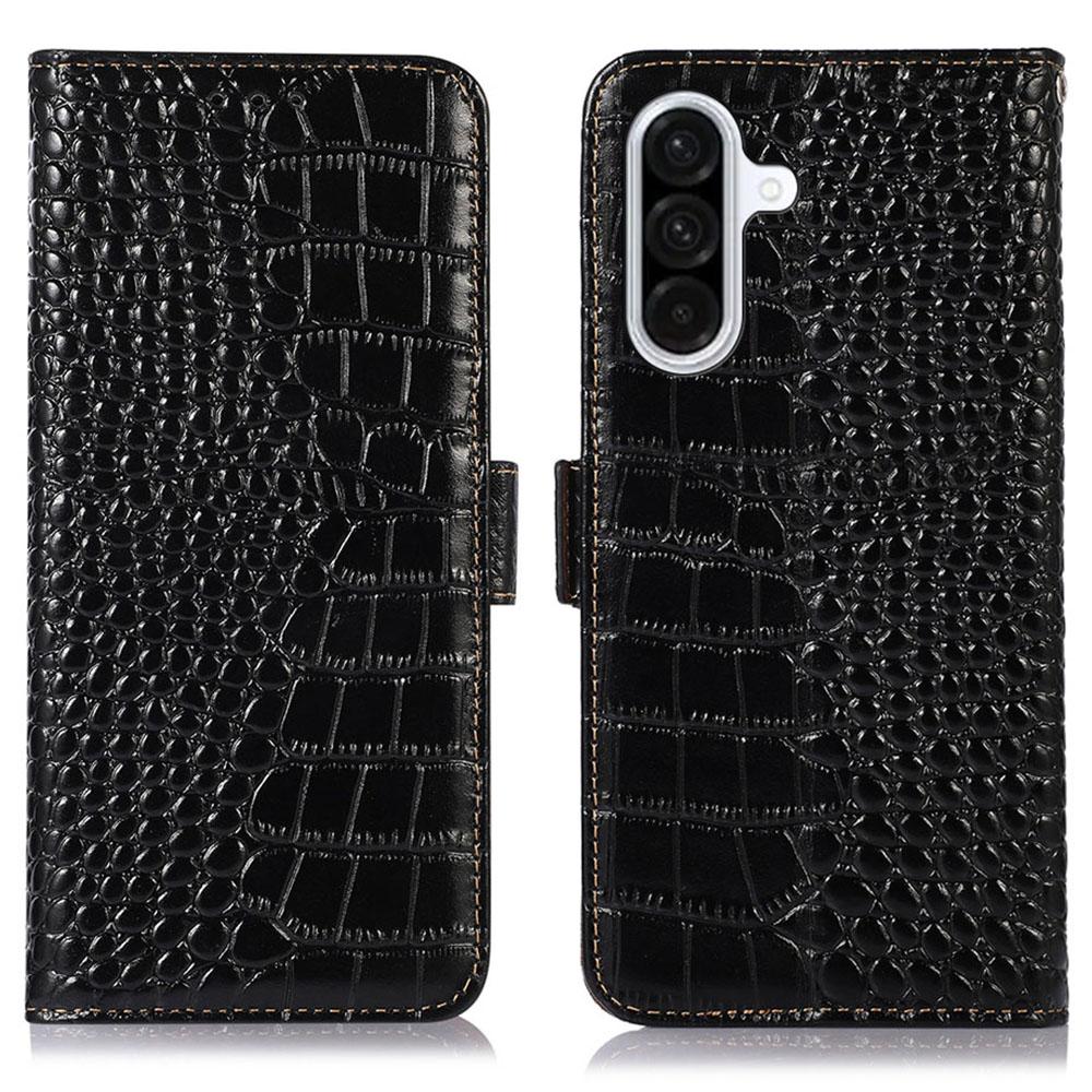 For Samsung Galaxy A17 Case Crocodile Texture Genuine Cow Leather Phone Wallet Cover