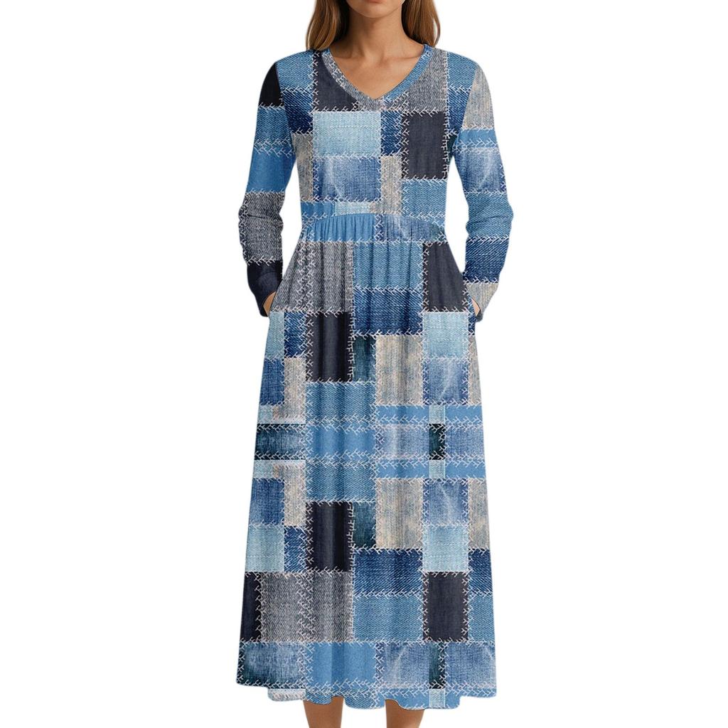 Dress For Women Long Boho Beach Dress Elegant Maxi Dress V-Neck Long Sleeve Dress With Pockets