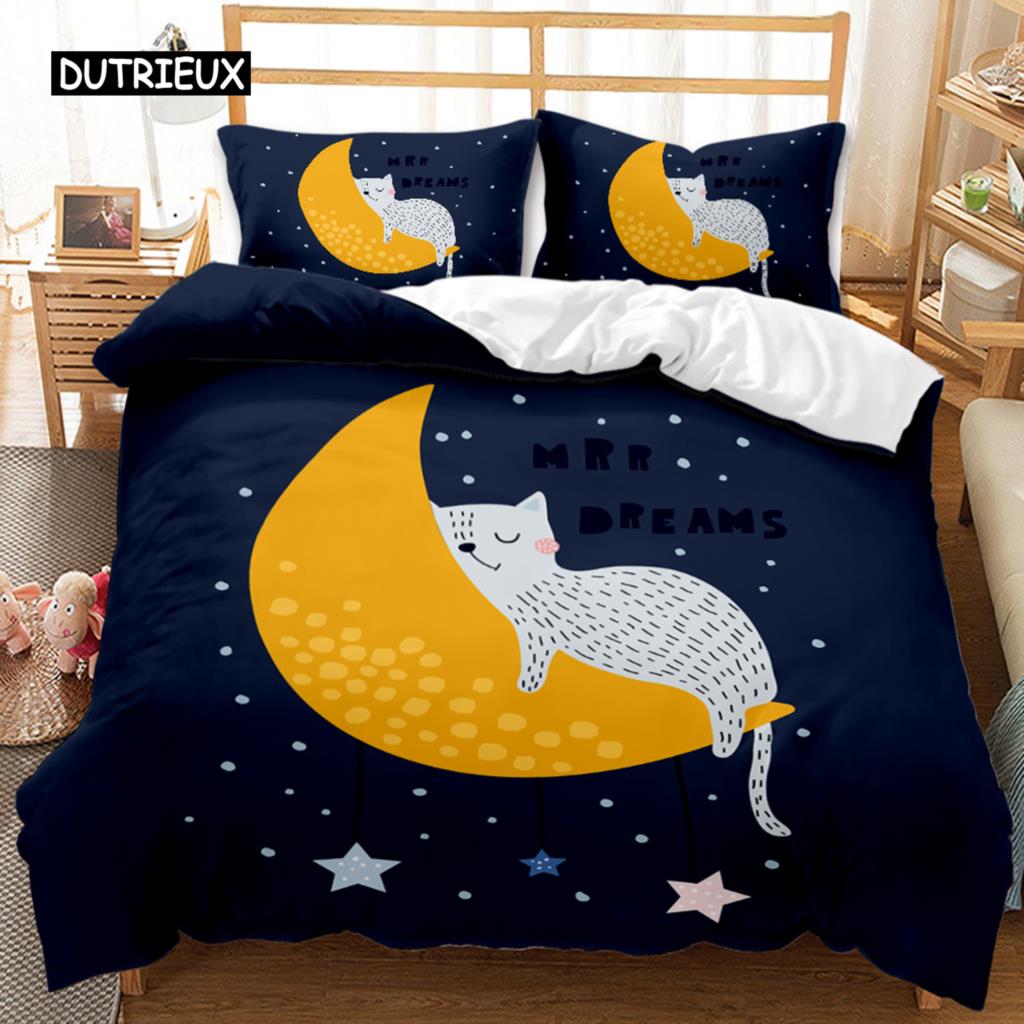 Conjunto de capa de edredom de gato com desenho fofo de gato, conjunto de cama de solteiro para meninos e meninas, estampa de gato, tamanho queen, king, capa de edredom de poliéster