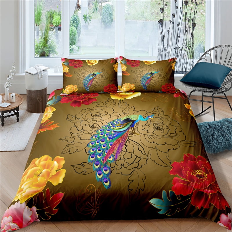 Peacock Soft Duvet Cover Set Quen Sized Dimensions Lovely Animal Theme Beding Set Print for Children's Adult Peoples plus Tens, Soft Warm plus