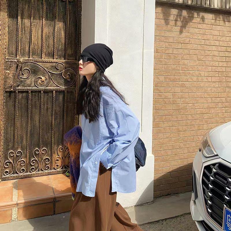 2024 Spring/Autumn Women's Loose Slit Long Sleeve White Shirt - College Style