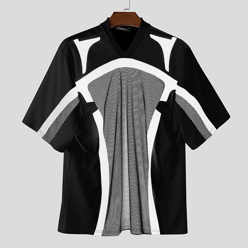 INCERUN Men T-Shirts V Collar Short Sleeve Netyarn Patchwork Casual Tops