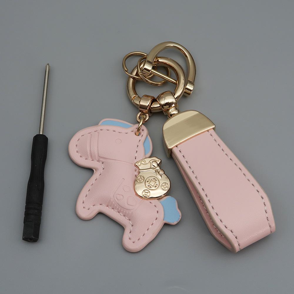 Instant Wealth Leather Keychain with Cartoon Pony Pendant for Couples – Trendy Bag and Car Accessory