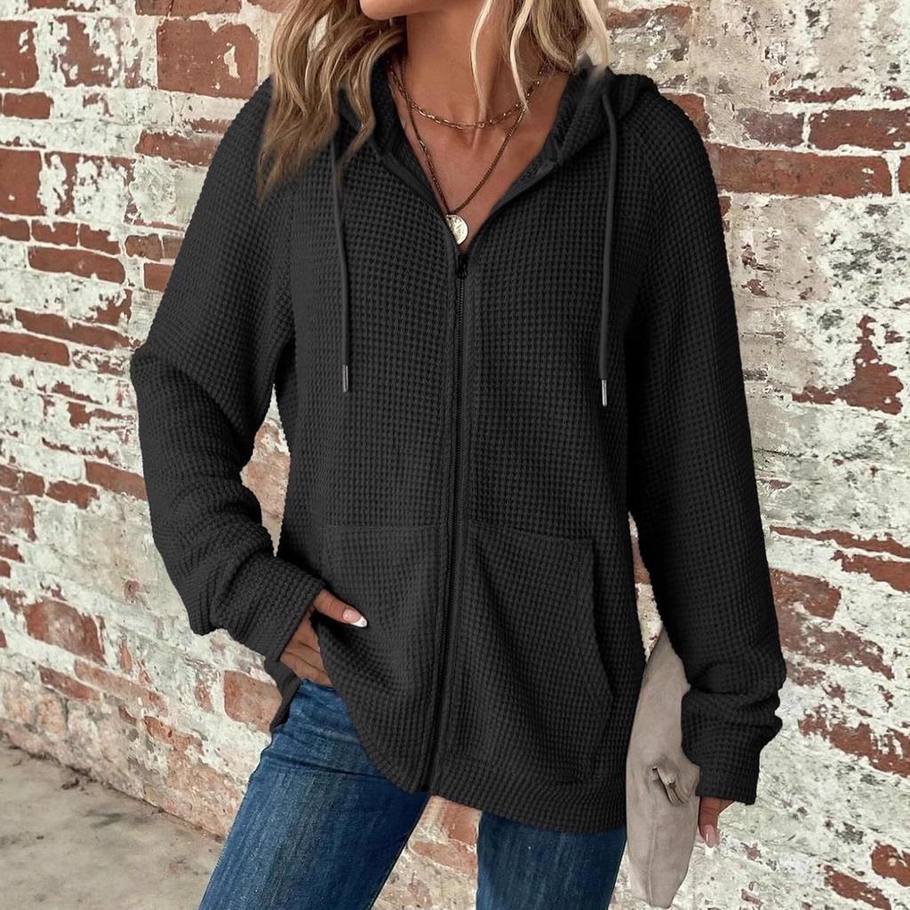 2025 Women's Waffle Knit Hooded Sweatshirt - Autumn/Winter Casual Long Sleeve with Drawstring