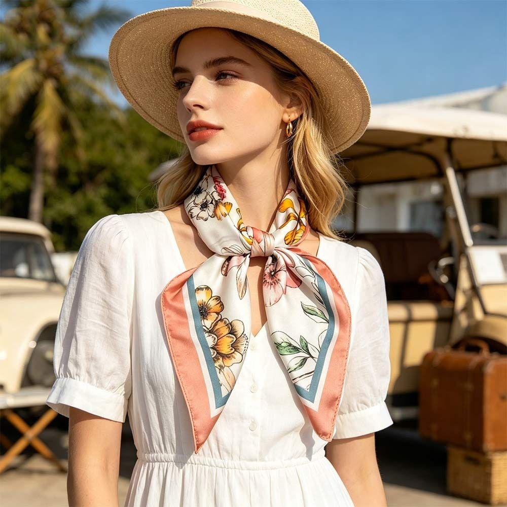 65*65cm Fashion Luxury Women Silk Scarf Square Flowers Print Hair Scarf Breathable All-Match Headband Scarf