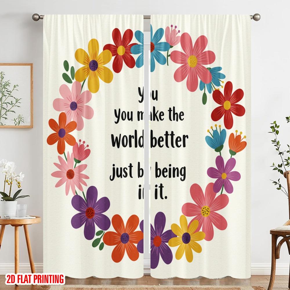 2pcs 2D Flat Printing Party Curtain Floral Quote Fabric Without Electricity All Season Party & Holiday Decor Perfect for Room
