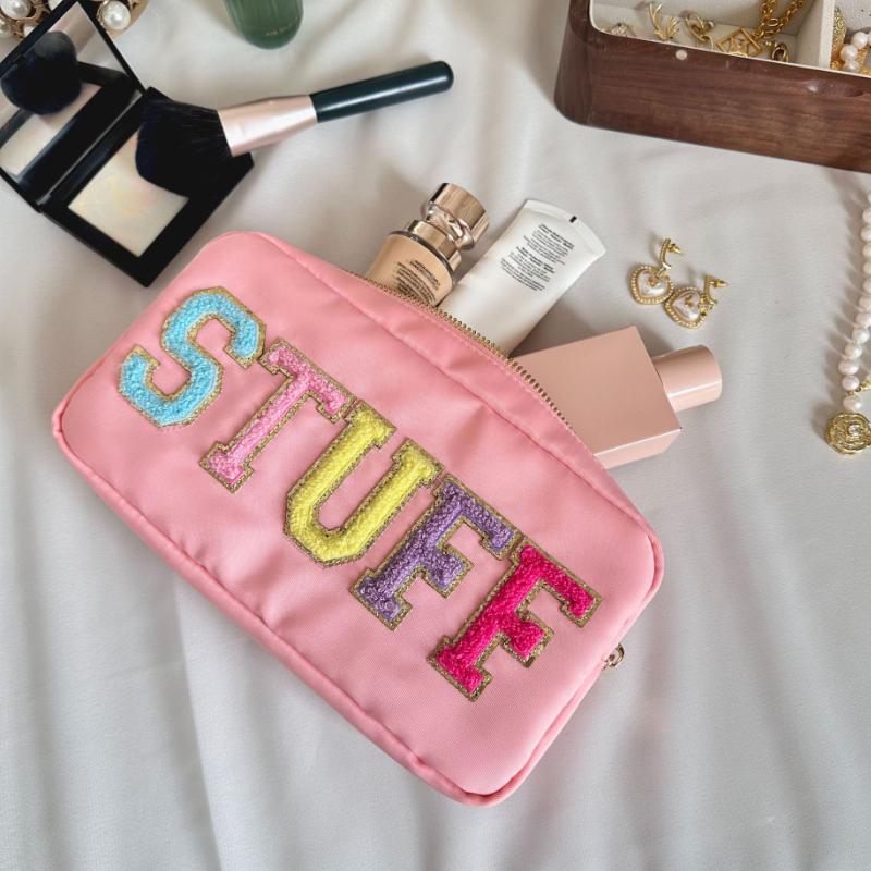 Portable Nylon Women's Cosmetic Bag Simple Letter Sticker Ladies Large Storage Bags Female Make Up Case Travel Clutch Handbags