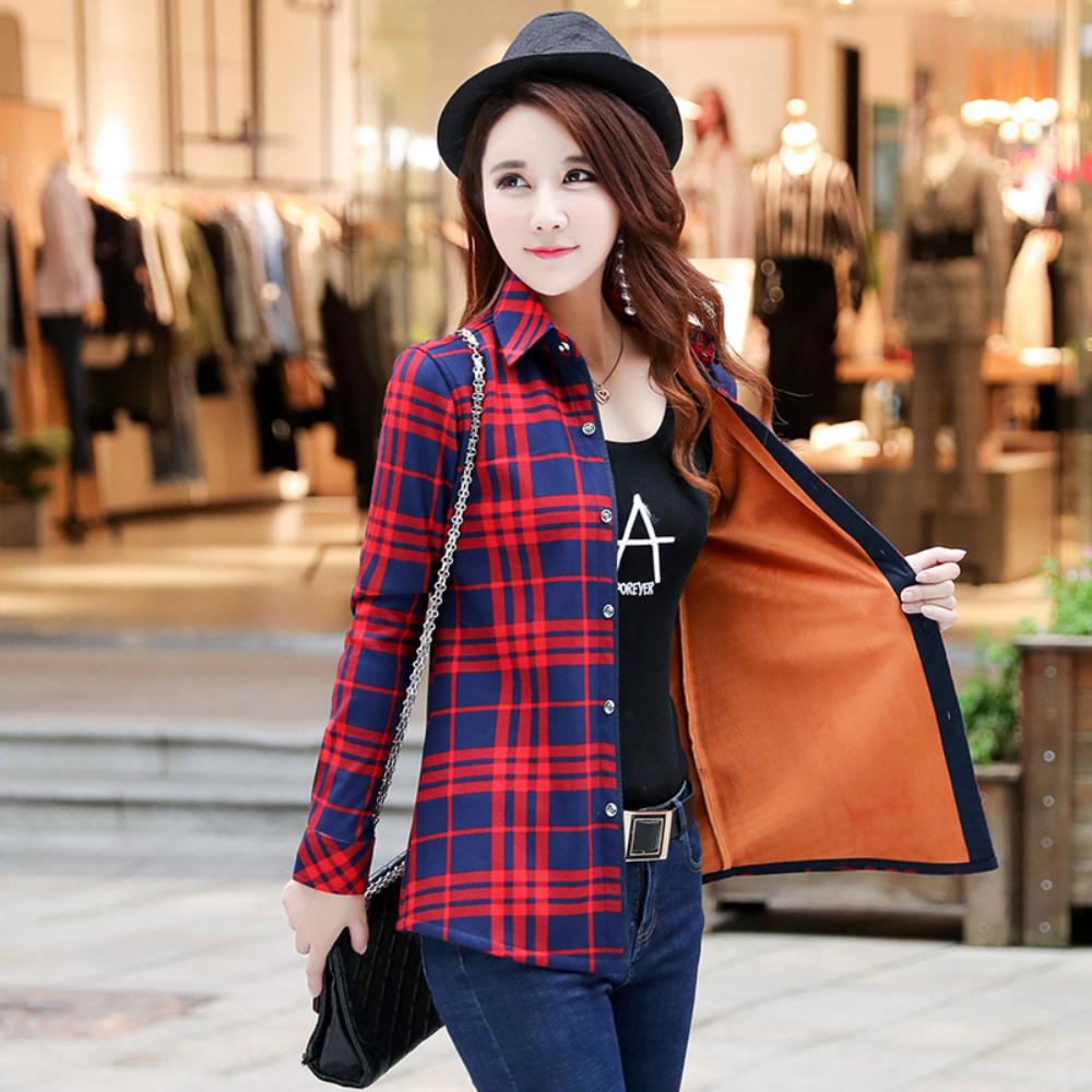 Winter Women's All-In-One Velvet Shirt Long-Sleeved Plaid Plus Velvet Thick Warm Top