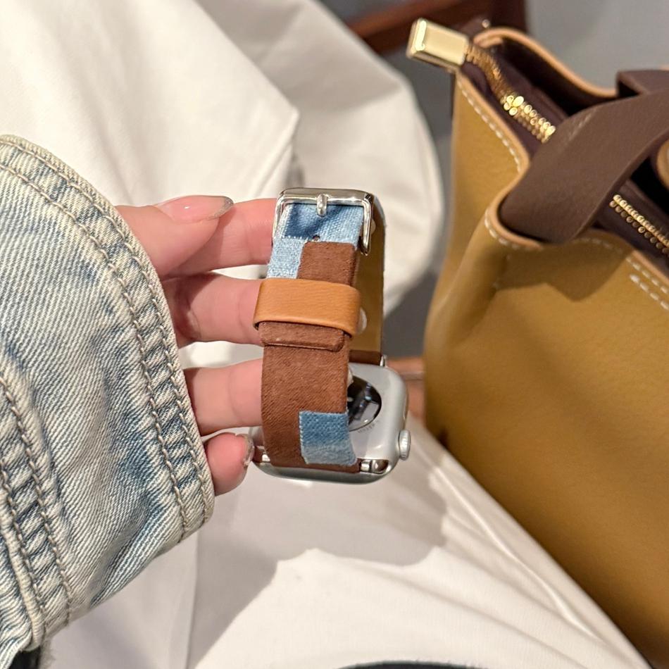 Patchwork Denim PU Leather Bracelet For Apple Watch Band S11/10/9/8/7/6/5/Ultra iWatch Strap 49/46/45/44/42/41/40/38mm Casual