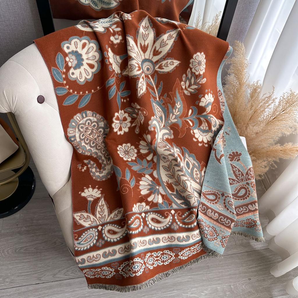 400G Thickened Version Of Retro Ethnic Style Cashew Flower Scarf Women'S Winter High-End Warm Scarf Imitation Cashmere Shawl