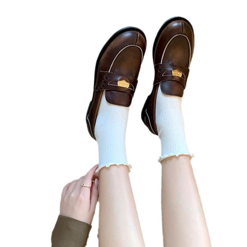 All cowhide leather retro round head small gold coin lazy British style loafers shoes women's leather platform small leather shoes