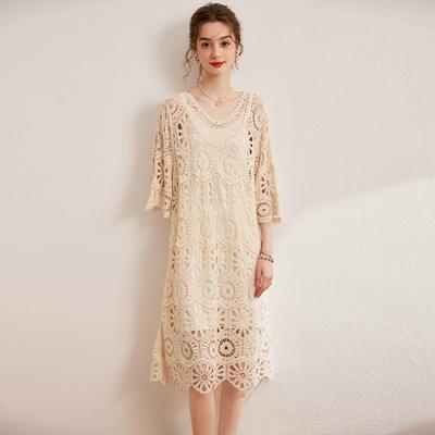 DIMANAF Neues Sommer Damen Langes Strickkleid Ärmel Basic Mode Spitzenkleider Lässig Locker 2025 Weiß